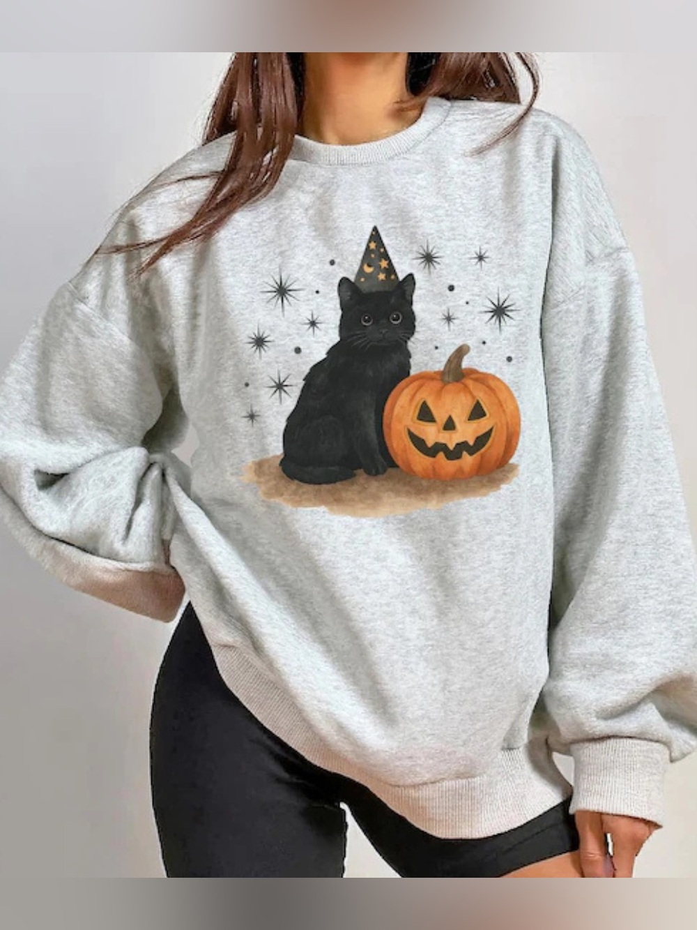 Grey Cat & Pumpkin Halloween Crewneck Sweatshirt For Women’s